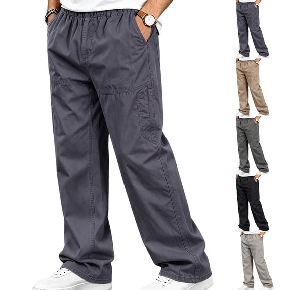 Mens Elastic Waist Pants Sevevn Full Elastic Waist Slant Pockets Side Pockets Straight Leg Relaxed Fit Cotton Woven Trousers for Casual Lounge Daily Wear