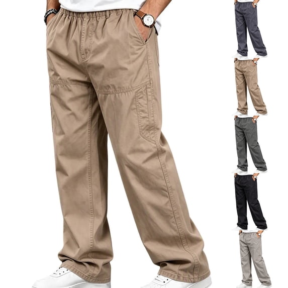 Mens Elastic Waist Pants Sevevn Full Elastic Waist Slant Pockets Side Pockets Straight Leg Relaxed Fit Cotton Woven Trousers for Casual Lounge Daily Wear