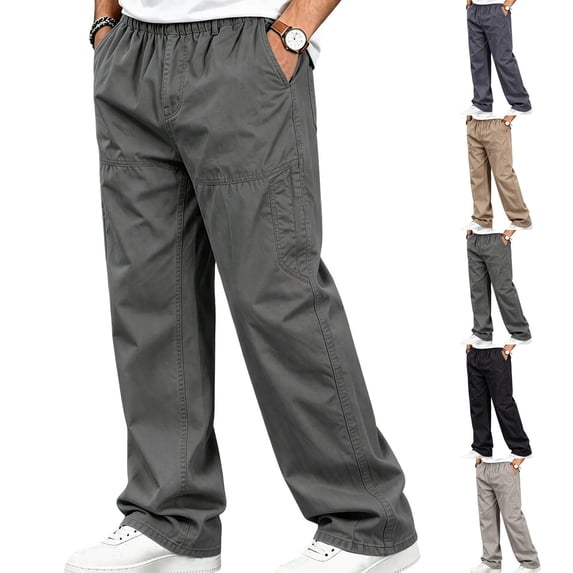 Mens Elastic Waist Pants Sevevn Full Elastic Waist Slant Pockets Side Pockets Straight Leg Relaxed Fit Cotton Woven Trousers for Casual Lounge Daily Wear
