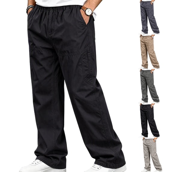 Mens Elastic Waist Pants Sevevn Full Elastic Waist Slant Pockets Side Pockets Straight Leg Relaxed Fit Cotton Woven Trousers for Casual Lounge Daily Wear
