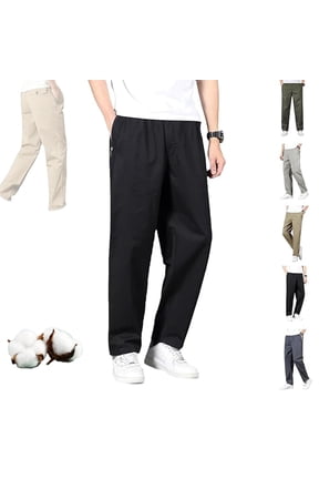 Mens Elastic Waist Pants for Seniors, Zipper-Pocket Durable Cargo Pants, High Waist Stretch Cotton Pull On Dress Pant Elderly