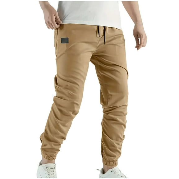 Mens Elastic Waist Pants with Drawstring Casual Slim Fit Jogger Pants with Pockets, Khaki, M