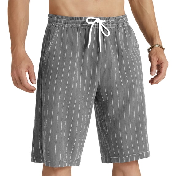 Mens Elastic Waist Shorts Drawstring Casual Cotton Striped Shorts Relaxed Fit Grey XXL