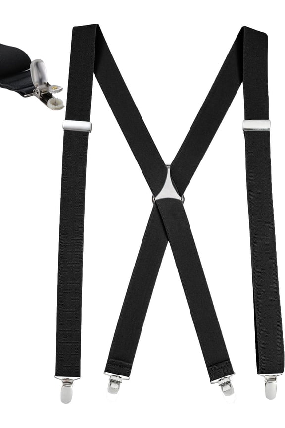 Mens Elastic X Back No Slip "Pin Clip" Straight Clip Suspenders - Black (Regular 46" Long)