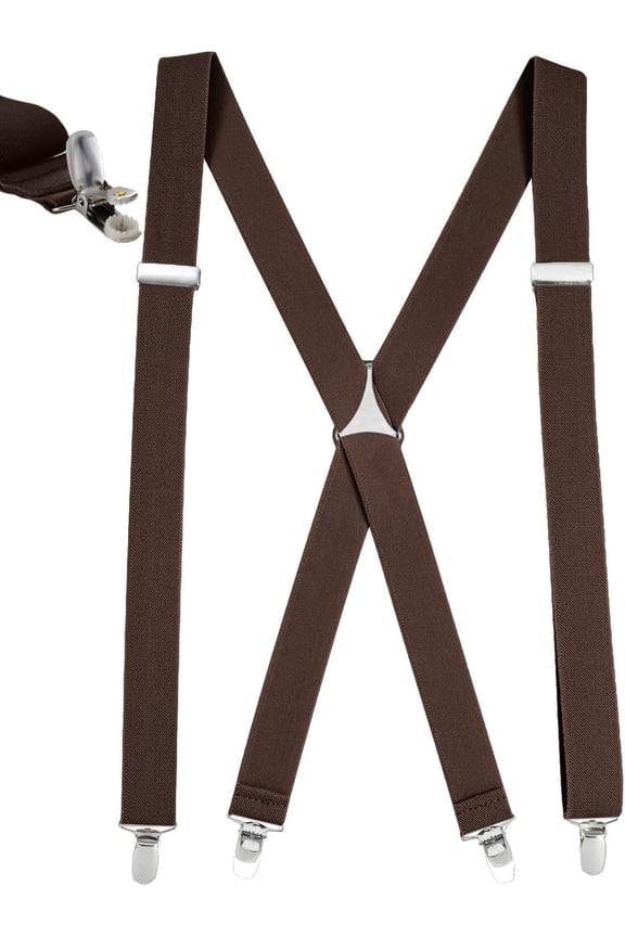 Mens Elastic X Back No Slip "Pin Clip" Straight Clip Suspenders - Brown (Regular 46" Long)