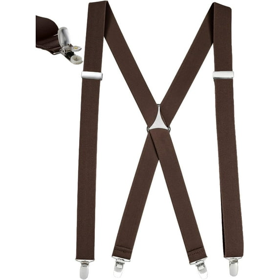 Mens Elastic X Back No Slip "Pin Clip" Straight Clip Suspenders - Brown (Tall 54" Long)