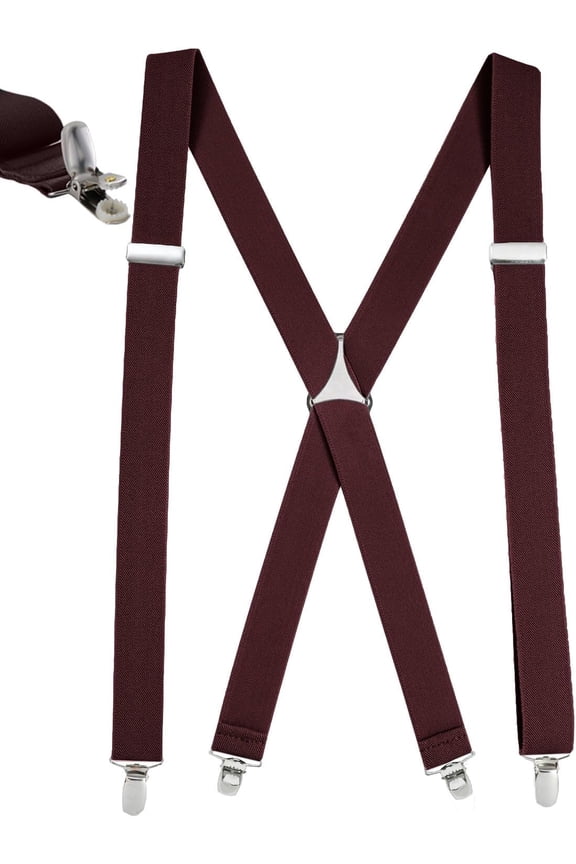 Mens Elastic X Back No Slip "Pin Clip" Straight Clip Suspenders - Burgundy (Regular 46" long)