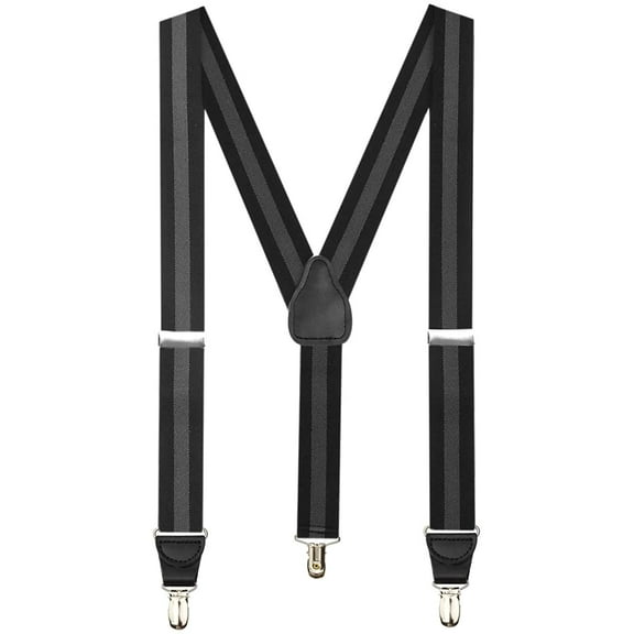 Mens Elastic Y-Back Adjustable Clip-on Leather Trim Suspenders - Regimental Stripe Black (Regular, 46" Long)