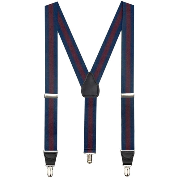 Mens Elastic Y-Back Adjustable Clip-on Leather Trim Suspenders - Regimental Stripe Navy (Tall, 54" Long )