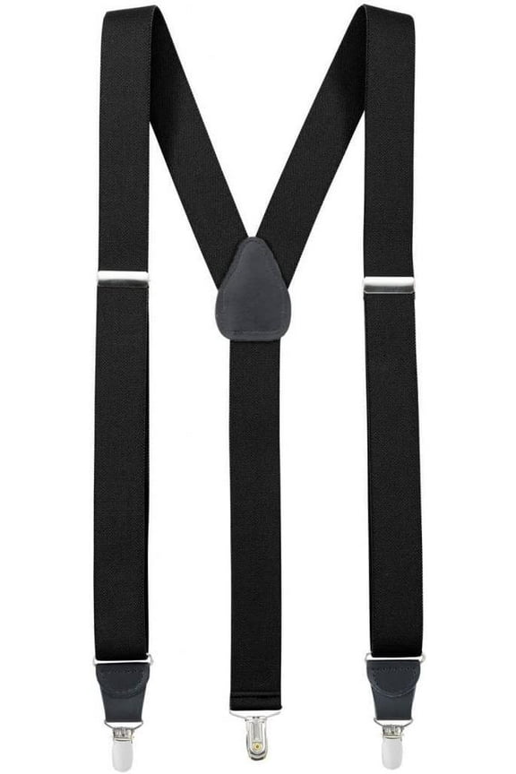 Mens Elastic Y-Back Adjustable Clip-on Suspenders with Leather Trim - Black (Regular, 46" Long)