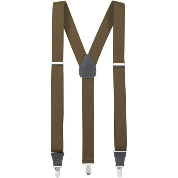 Mens Elastic Y-Back Adjustable Clip-on Suspenders with Leather Trim - Olive (Regular, 46" Long)