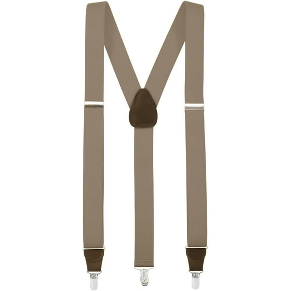 Mens Elastic Y-Back Adjustable Clip-on Suspenders with Leather Trim - Tan (Regular, 46" Long)