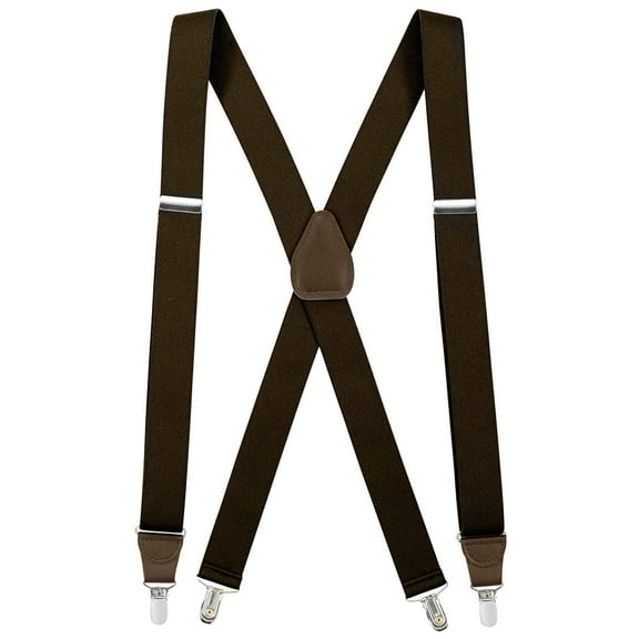 Mens Elastic x-Back Adjustable Clip-on Suspenders with Leather Trim - Brown (Tall, 54" Long)