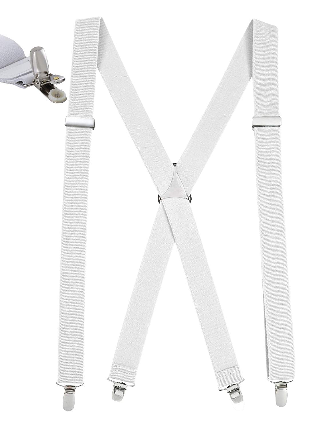 Mens Elastic x Back No Slip "Pin Clip" Straight Clip Suspenders 46" & 54" - White