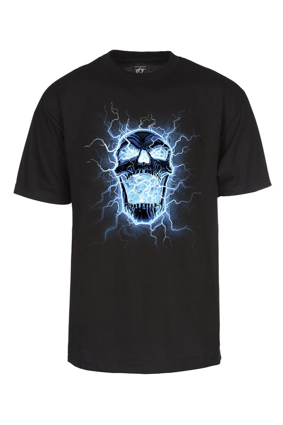 Mens Electric Skull T-Shirt -  Classic Short  Sleeve Shirt Black Medium