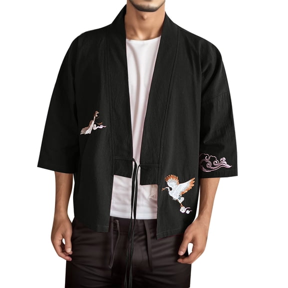 Mens Embroidery Style National Style Retro Hanfu Japanese Loose Cardigan Coat