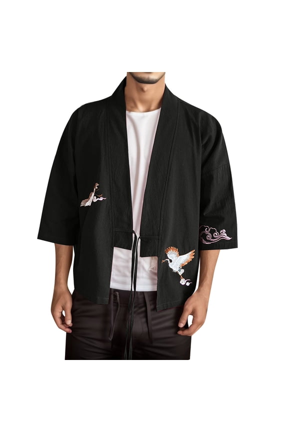 Mens Embroidery Style National Style Retro Hanfu Japanese Loose Cardigan Coat