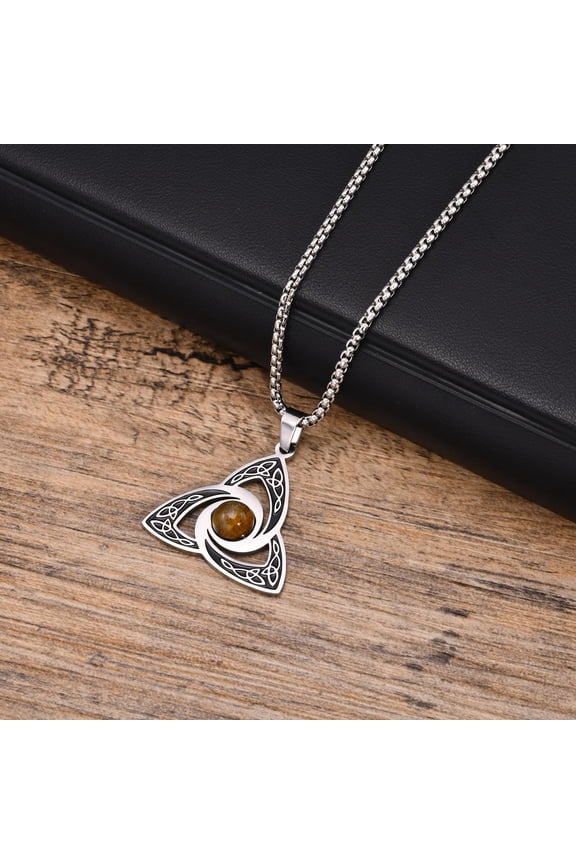 Mens Ethnic Celtic Knot Necklaces, Anti Allergy 14K White Gold Tiger Eye Stone Choker Collar, Birthday Gifts for Him