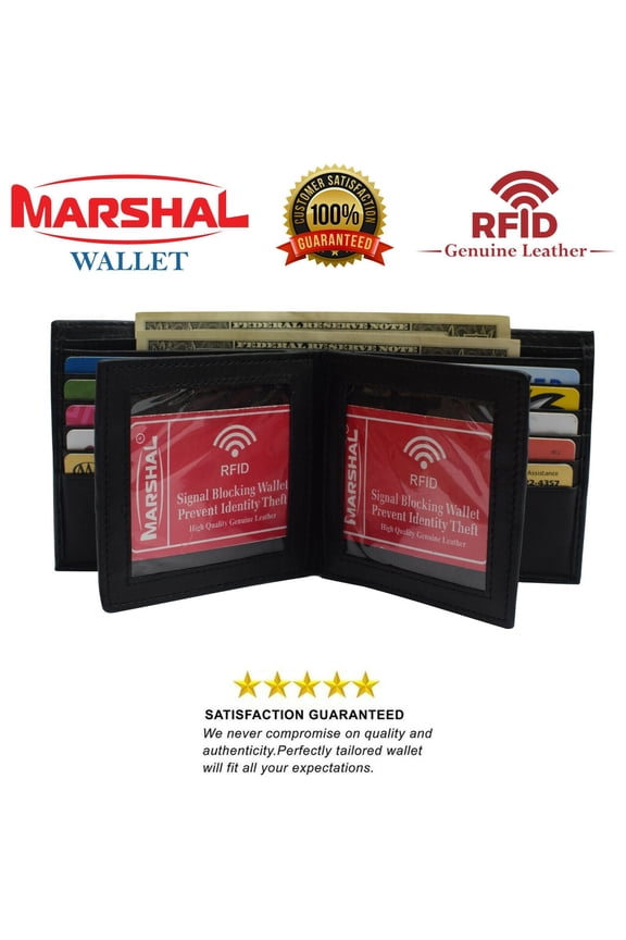 Mens European Cowhide Leather RFID Mens Wallet 2 ID-20 Card Slots Black