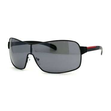 Mens European Fashion Oversized Curved Shield Sport Metal Rim Sunglasses All Black