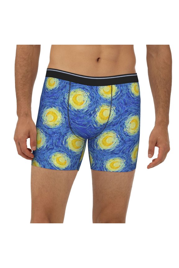 Mens Extended Length Boxer Briefs - Abstract Yellow Moon Blue Sky Underwear Boxer Briefs with Elastic Band
