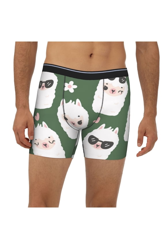 Mens Extended Length Boxer Briefs - Alpaca Faces Underwear Boxer Briefs with Elastic Band