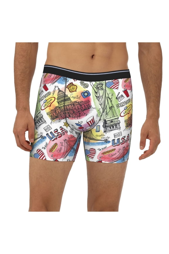 Mens Extended Length Boxer Briefs - America Landmarks1 Underwear Boxer Briefs with Elastic Band
