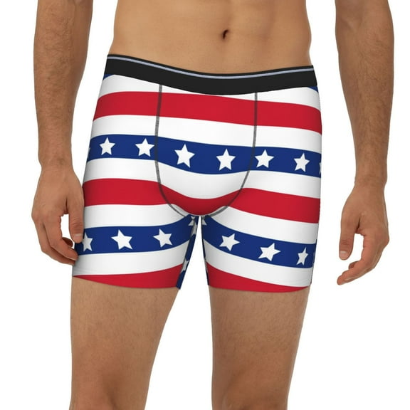 Mens Extended Length Boxer Briefs - American Patriotic Stars And Stripes Underwear Boxer Briefs with Elastic Band