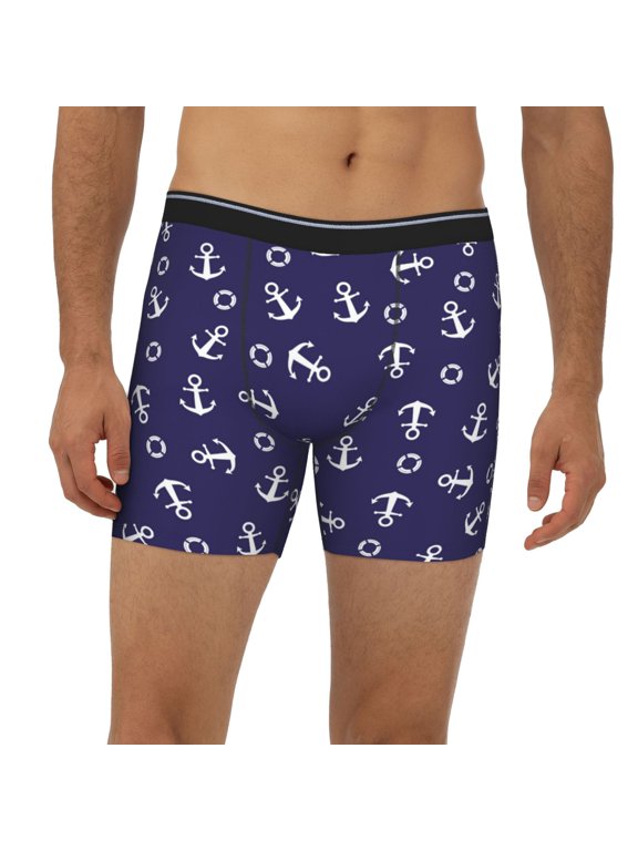 Mens Extended Length Boxer Briefs - Anchor Lifebuoy Cute Navyblue Underwear Boxer Briefs with Elastic Band