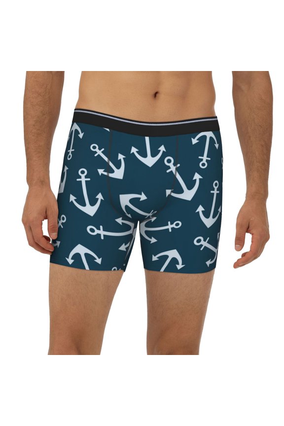Mens Extended Length Boxer Briefs - Anchor Navyblue Print Underwear Boxer Briefs with Elastic Band