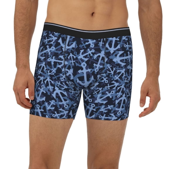 Mens Extended Length Boxer Briefs - Anchor Ship Blue Camouflage Underwear Boxer Briefs with Elastic Band