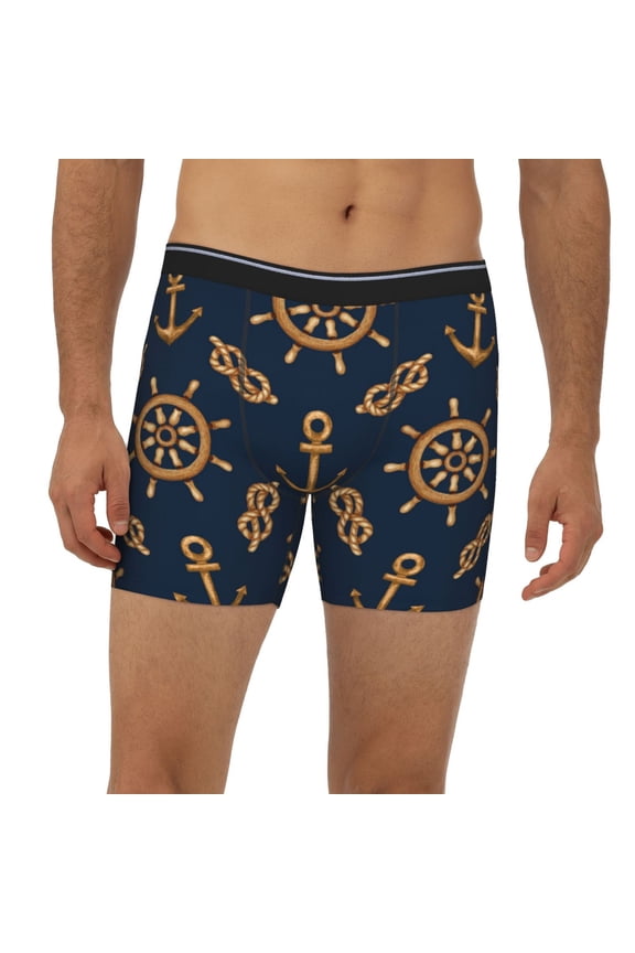 Mens Extended Length Boxer Briefs - Anchor Steering Wheel Rope Vintage Underwear Boxer Briefs with Elastic Band