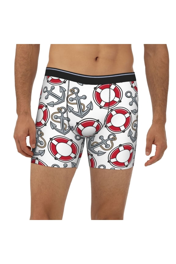 Mens Extended Length Boxer Briefs - Anchors Life Buoys Vintage Print Underwear Boxer Briefs with Elastic Band