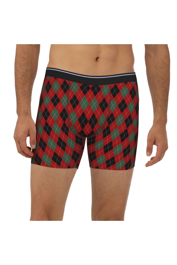 Mens Extended Length Boxer Briefs - Argyle Plaid Underwear Boxer Briefs with Elastic Band