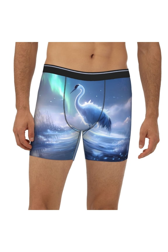 Mens Extended Length Boxer Briefs - Aurora Winter Crane Serenity Underwear Boxer Briefs with Elastic Band