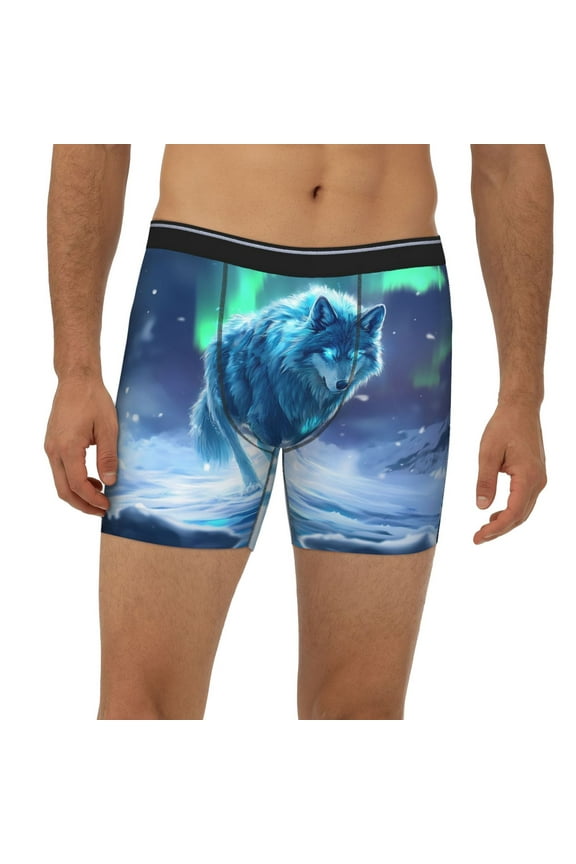 Mens Extended Length Boxer Briefs - Aurora Wolf Frozen Lake A Underwear Boxer Briefs with Elastic Band