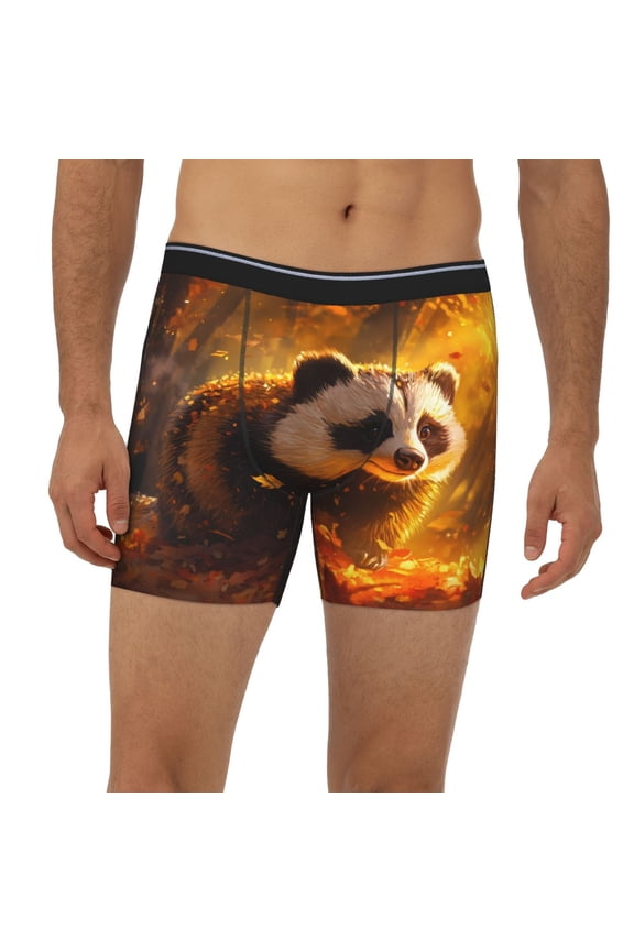 Mens Extended Length Boxer Briefs - Autumn Badger Glowing Leaves Underwear Boxer Briefs with Elastic Band