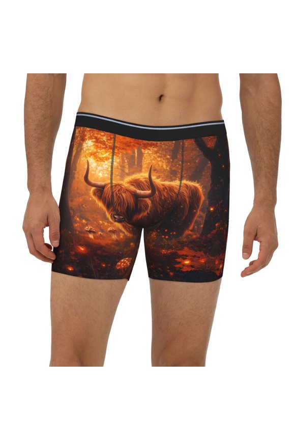 Mens Extended Length Boxer Briefs - Autumn Glow Cute Cow Underwear Boxer Briefs with Elastic Band
