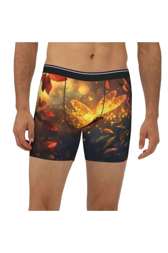 Mens Extended Length Boxer Briefs - Autumn Glowing Dragonfly Underwear Boxer Briefs with Elastic Band