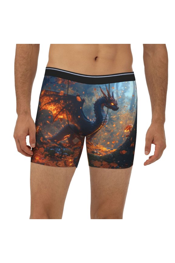 Mens Extended Length Boxer Briefs - Autumn Maple Leaf Fire Dragon A Underwear Boxer Briefs with Elastic Band