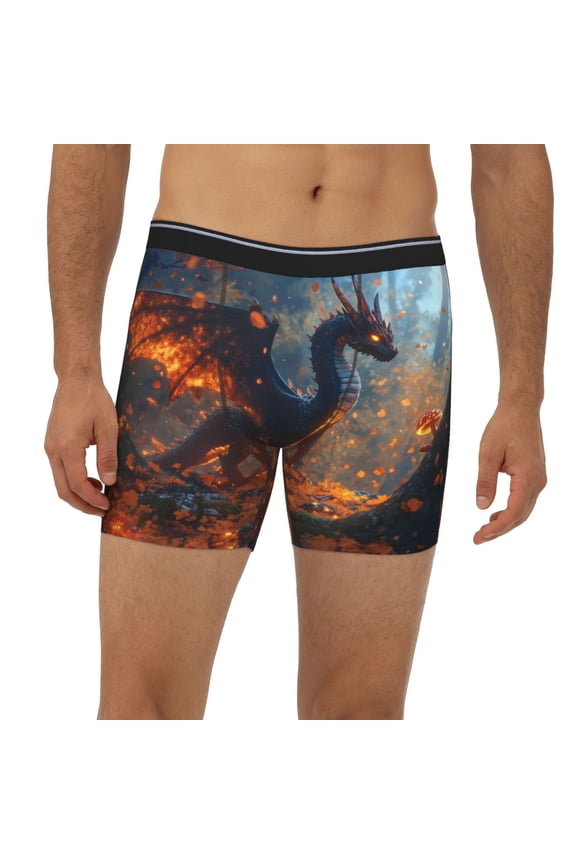 Mens Extended Length Boxer Briefs - Autumn Maple Leaf Fire Dragon B Underwear Boxer Briefs with Elastic Band