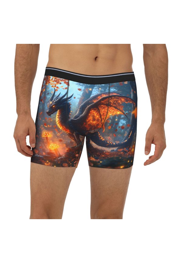 Mens Extended Length Boxer Briefs - Autumn Maple Leaf Fire Dragon Underwear Boxer Briefs with Elastic Band