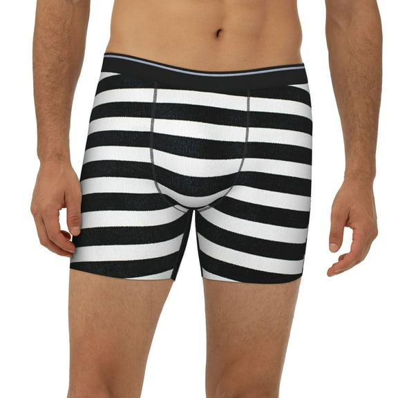 Mens Extended Length Boxer Briefs - Black And White Stripes Underwear Boxer Briefs with Elastic Band