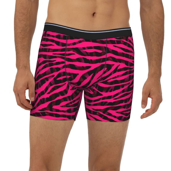 Mens Extended Length Boxer Briefs - Black Red Pink Bright Zebra Print Underwear Boxer Briefs with Elastic Band