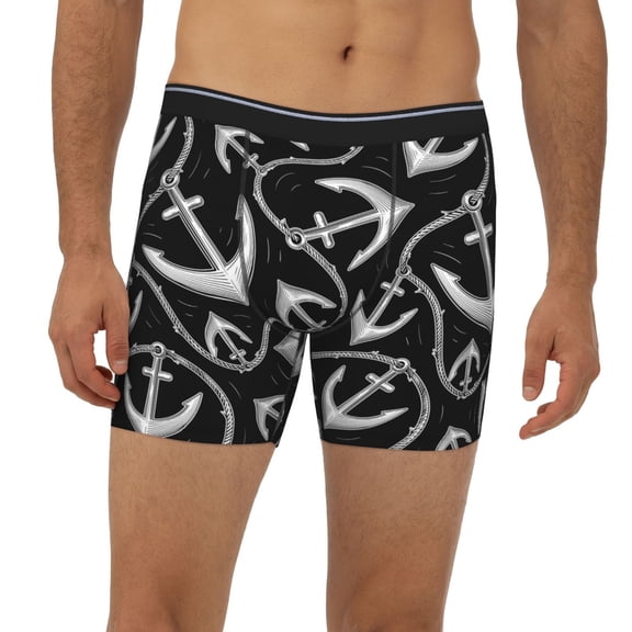 Mens Extended Length Boxer Briefs - Black White Anchor Cool Underwear Boxer Briefs with Elastic Band