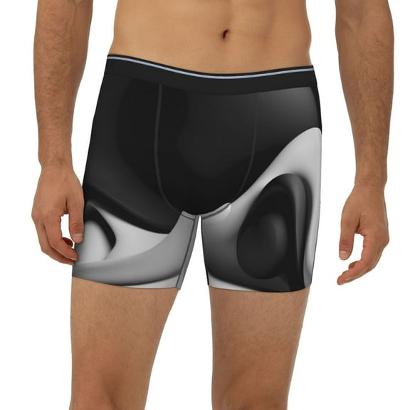 Mens Extended Length Boxer Briefs - Black White Fluid Sculpture Underwear Boxer Briefs with Elastic Band