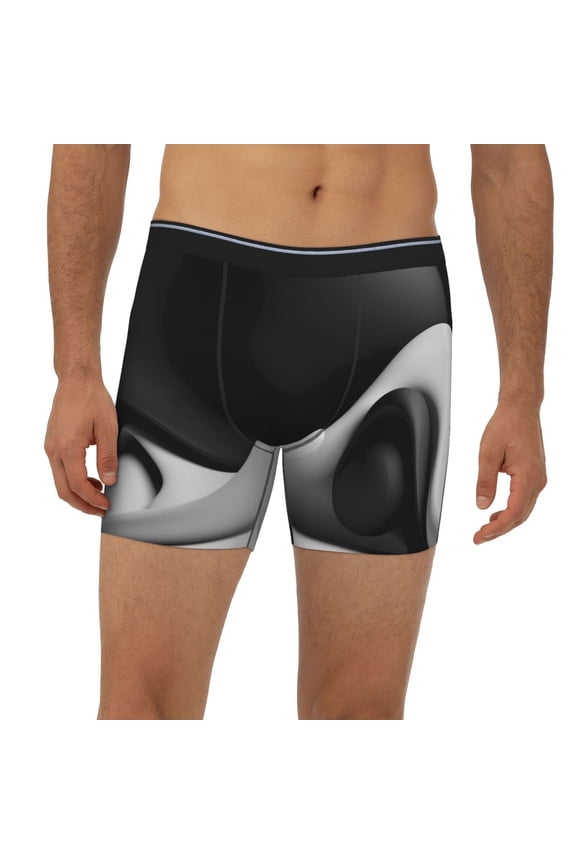 Mens Extended Length Boxer Briefs - Black White Fluid Sculpture Underwear Boxer Briefs with Elastic Band
