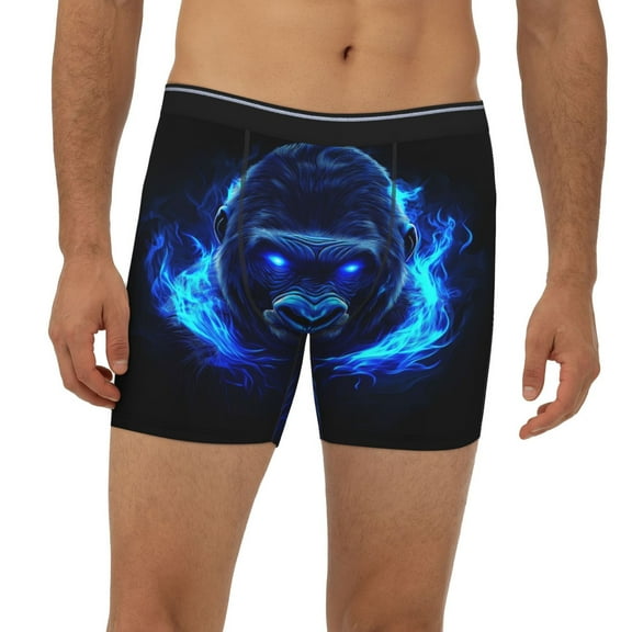 Mens Extended Length Boxer Briefs - Blue Flame Cool Gorilla Underwear Boxer Briefs with Elastic Band