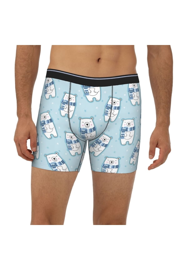 Mens Extended Length Boxer Briefs - Blue Scarf Bear Underwear Boxer Briefs with Elastic Band