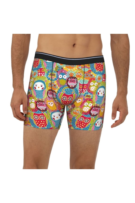 Mens Extended Length Boxer Briefs - Boho Cute Owls Underwear Boxer Briefs with Elastic Band
